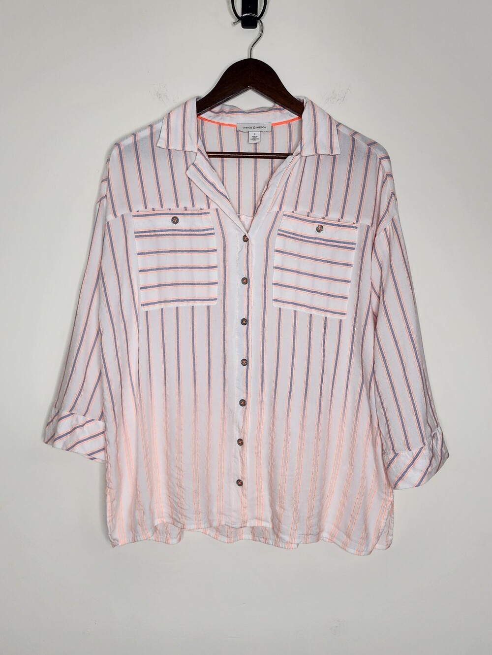 Vintage America White & Neon Orange Striped Button Up Shirt Sm Oversized Casual